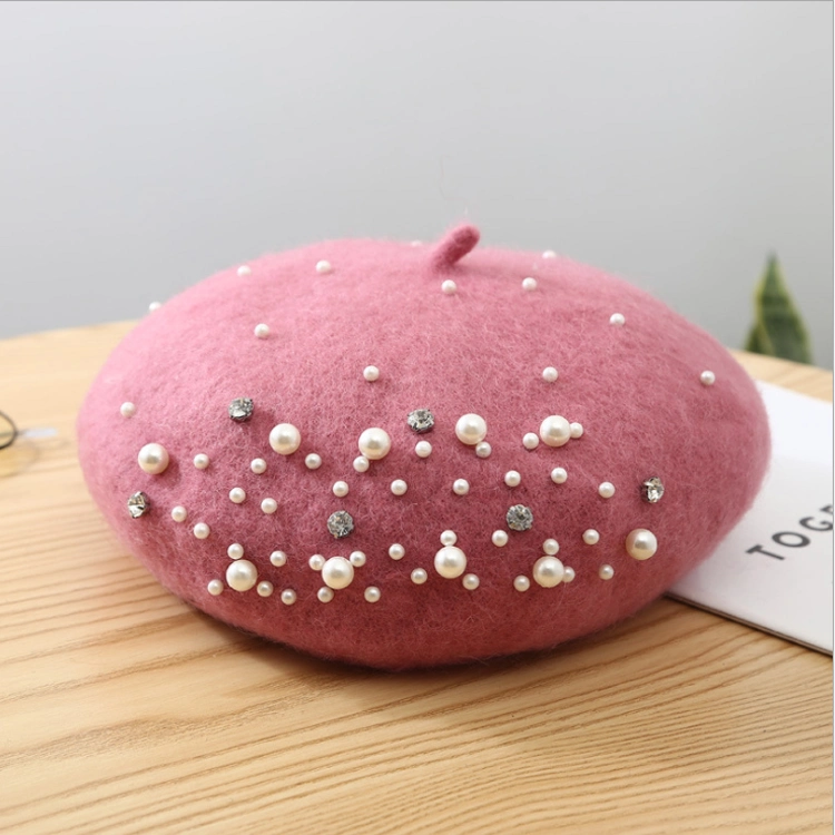 Wholesale Custom Women High Quality Beret Hats Beaded Rivet Plain Dyed