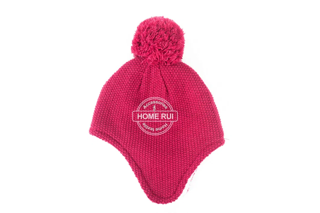 Kids Girl Children Warm Soft Slouchy Red Pompom Knitted Design Sherpa Fleece Lining Bonnet Casual Beanie Hat Earflap